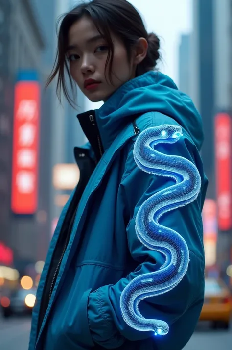 Create a 4/4 jacket and have a blue electronic snake on the right sleeve , The sleeves will be white and the torso blue. 