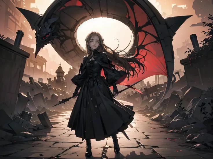 shaded face　、beautiful girl、とてもcute天使、Pink T-shirt、cute、Baby Face、smile、Long skirt、Black long boots、.(Highest quality,4K,High resolution,Masterpiece 1.2),Very detailed,Realistic 1.37,Spooky altar background,Dark fantasy,Red color scheme,Ominous atmosphere,...