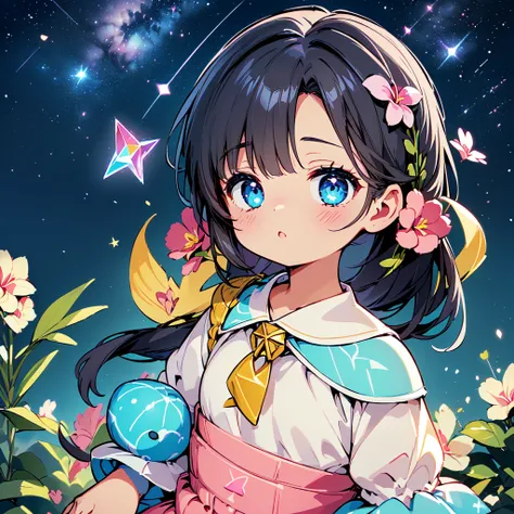 Cute characters、(((Highest quality、Masterpiece、Super detailed、S composition、X Composition、Triangular composition、Square Composition)))、Draw plumeria flower、I look up at the starry sky。Surround her with colorful nebulae and colorful forests。pink、light blue、...