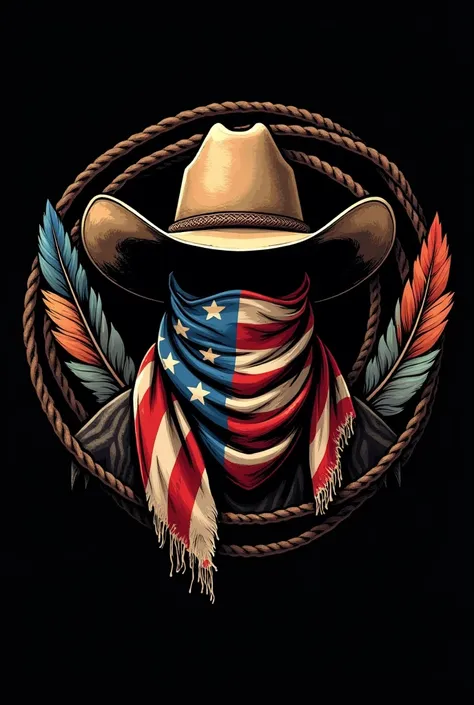 Générer un logo sans aucun visage, un chapeau de cowboy, un foulard déchiré aux couleurs du drapeau américain avec des plumes indiennes, entouré dun lasso, sur fond totalement noir 