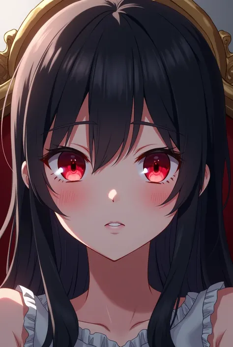 Anime girl with dark hair,red eyes,sitting in a throne and winking,cool and just seing the face not the body