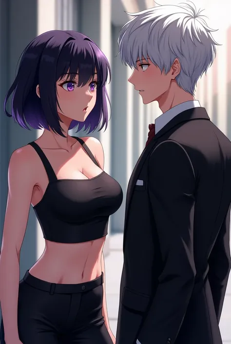 A girl with short black hair with slight purple highlight on her bang , wearing black crop top  ,purple eyes , short black pants arguing with a guy that has short white hair with slight black highlight , wearing a black suit