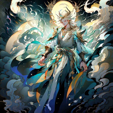 

"“A handsome anime-style character with shoulder-length wavy blond hair and piercing, calm blue eyes. He holds an intricately designed, glowing trident in his hand, with swirling water and glowing light effects surrounding him, representing his control o...