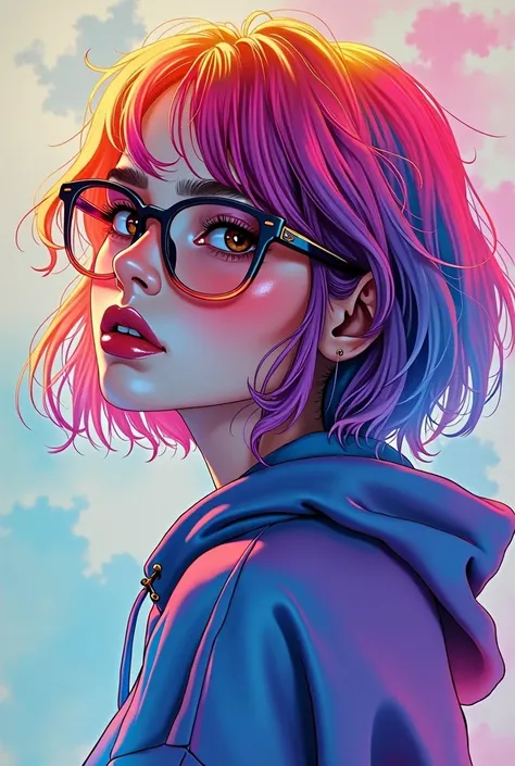 Watercolor, 8k resolution、((Highest quality))、((masterpiece))、((Very detailed))、1 female、alone、((Unbelievably absurd))、 (((The most beautiful girl of all time))), (((Stylish glasses))), Lips in Love, hoodie、neon、Small breasts,  Colorful Hair, Provocative,R...