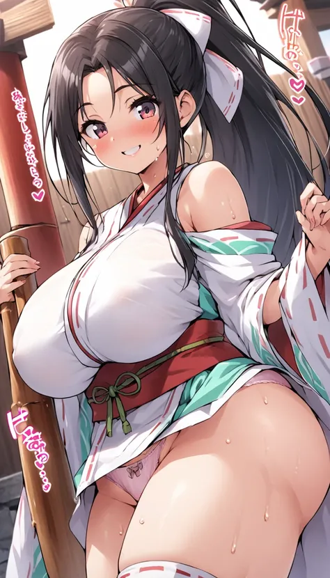 One Woman、Many people々、Shrine maiden、yamato nadeshiko、beauty、shrine、Shrine maiden服、Age 25、Looking down at the viewer, ponytail, Highest quality, Focus on the thighs, smile,panties、Thick thighs、Big Ass、Big Boobs 、 Black Hair,My thighs are steaming between m...