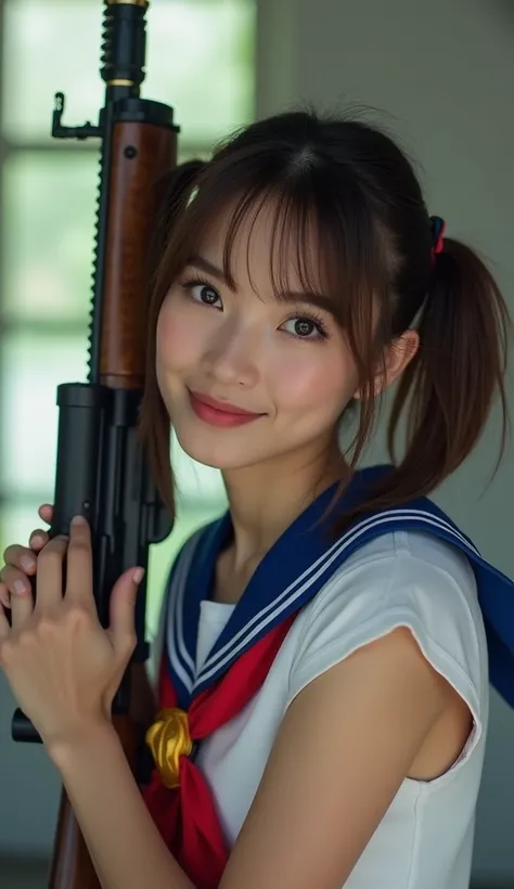 a photograph of a woman with pigtails  wearing a cropped sailor moon outfit. She is cradle carrying an ar-15 rifle. she has an inane grin on her face and is tilting her head to the lift while starting at the camera with wide open eyes