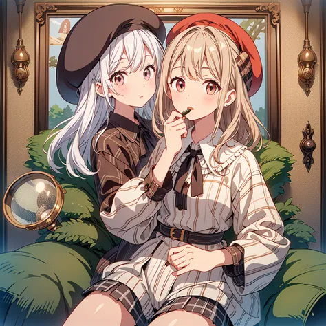 highest quality、Masterpiece、Official Art、The best composition、brown check beret、A poncho with the same pattern as the hat、Charlotte Holmes、White shirt and shorts with the same pattern as the hat、magnifying glass、Detective、The viewer is looking through a ma...