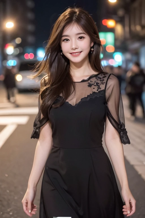 ((best quality, 8k, masterpiece :1.3)), 1 girl, smiling, whole body, face slimming, pretty Woman, (Dark brown hair), full length dress :1.1, Super detailed faces, delicate eyes, double eyelids, blurred background, face slimming, City, external, street,