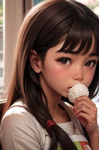 a girl holding a rice ball close to her mouth