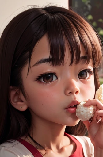 holding rice ball close to mouth