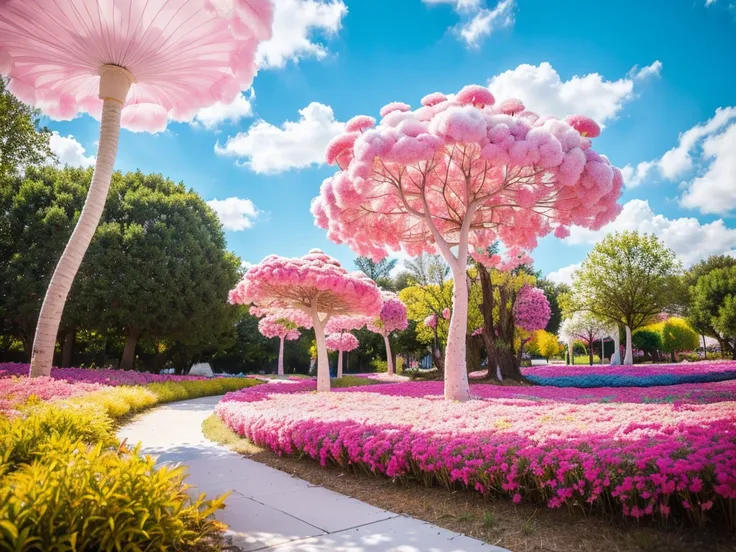 1girl, cute candyland, cotton candy sky, whimsical mushroom forest, colorful candy trees, lollipop plants, marshmallow clouds, bubblegum grass, gummy bear path, chocolate river, (best quality,4k,8k,highres,masterpiece:1.2),ultra-detailed,(realistic,photore...