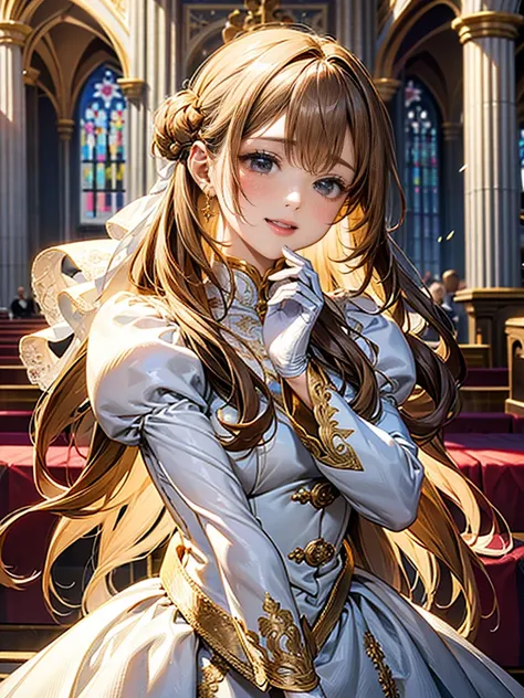 In front of the altar of a majestic church、（blurred background）、brighter light、golden long hair girl、classic white wedding dress、（elegant luster）、（lots of races）、lots of ribbons、((voluminous puff sleeves))、long cuffs with many buttons、golden embroidery、lon...