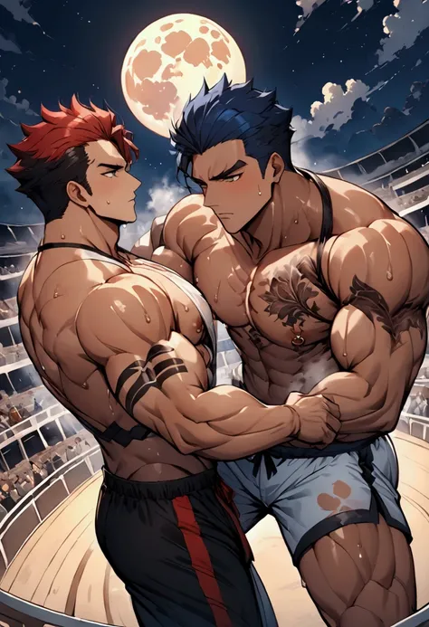 Highest quality、Highest quality、masterpiece、High resolution、detailed、fantasy、(muscular male:1.5)、(father:0.5)、2boys、Two men facing each other、Fighting、nipple piercing、Blue Hair、bionde、Black Hair、Gray Hair、Red hair、Short Hair、Sports haircut、short hair、Brown...