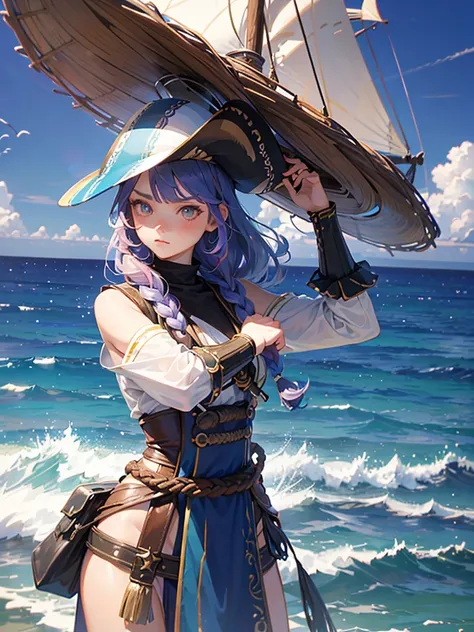 masterpiece、girl、rainbow hair、sparkling eyes、ocean賊の服、(((wear a tricorn hat)))、serious face、ocean、on the boat、upper body