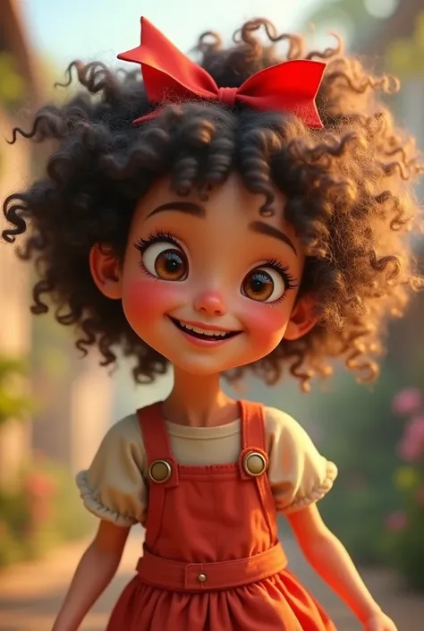 A curly girl, her hair is tied with a red ribbon, Gogoli, mischievous, brave, a little mischievous, smiling in my eyes, topol, I want this character for stop motion,3d