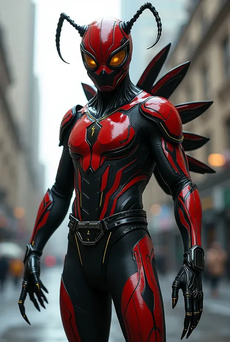 A hero costume with spider and beetle hybrid and claws on his right hand 