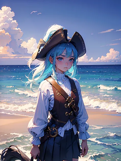 masterpiece、girl、Rainbow Hair、Sparkling eyes、Ocean賊の服、(((Wear a tricorn hat)))、Serious face、Ocean、On the boat、Upper Body