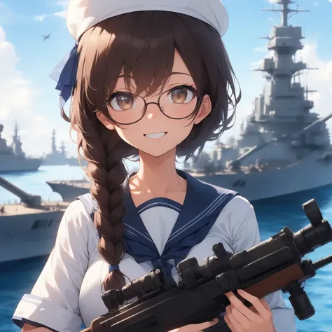 Wearing a sailor uniform on her large breasts, this character stands holding a firearm against a backdrop of battleships and a sunny, clear sky. Her long, brown hair is styled in a side braid with blue ribbon, her light brown droopy eyes through the glasse...