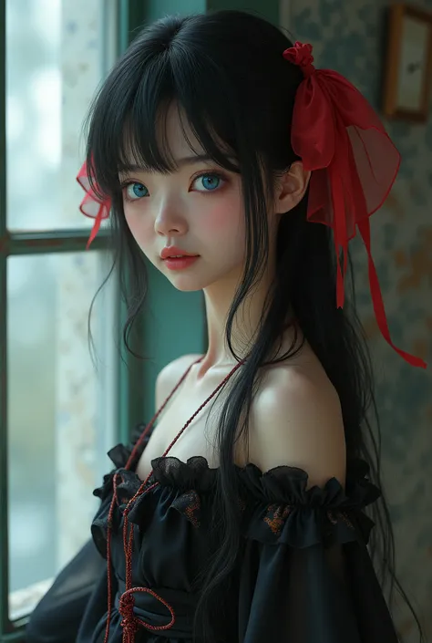 Beautiful Japanese girl、Black Hair、Beautiful small face with short eyelashes、Boyish eyes、High nose、Deep blue eyes、Very thin upper lip、Milky skin、Accurate and attractive body shape、Red ribbon、Magic Broom、Black dress、live-action、Real
