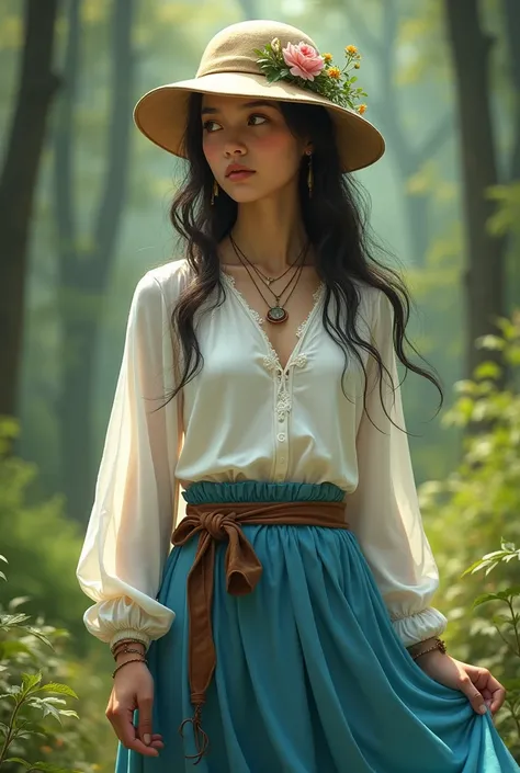 Generate an image of hero of girl that can nature manipulation and have skills are herbalism, tracking, and animal communication . that have cap with a design of flowers and a belt and her clothes is color white long sleeves and have a color blue skirt 