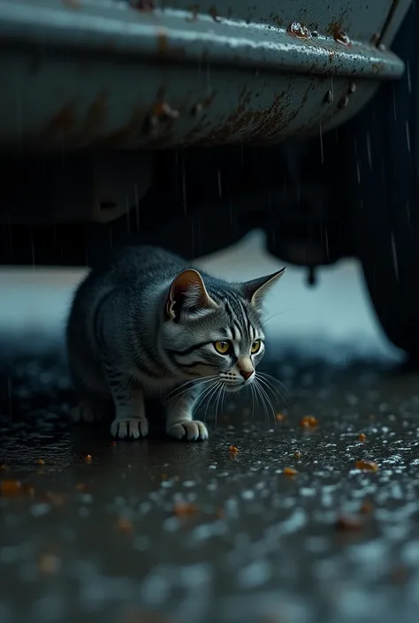 A small, wet cat, gray fur, huddled under a car on a dark, wet street, with rain falling all around."