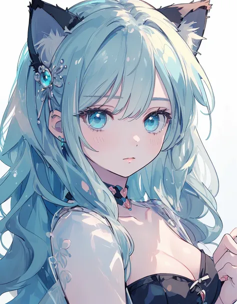 ((masterpiece, best quality:1.5)), ((Beautiful detailed cat aqua eyes:1.2)), cat ears, pale skin, medium breasts, beautiful hands, beautiful fingers, EasyNegative