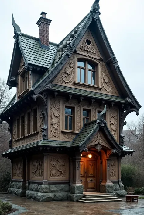 House for magical werewolves slavic style carved decor two floors city