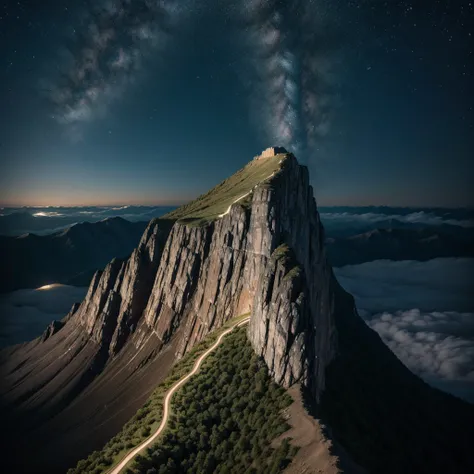 Make a mountain cliff in night and right in front of it make a beautiful phenomenon 
