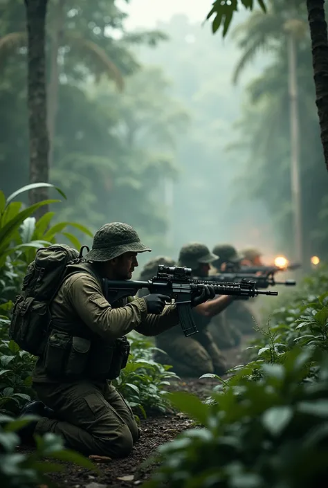 Photorealism 1.3 realism high quality epic realism group of army wearing green outfits with big bagpack  walking in the jungle  in formation deep bush deep jungle wearing jungle hat M16 rifle smoke fog effect dark night  mode  low light knee on ground defe...