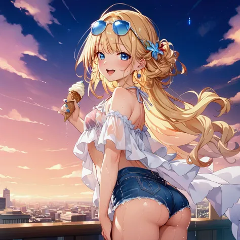 score_9, score_8_up, score_7_up,High resolution, masterpiece, high quality, Soft Light, chest, 大きなchest, Healthy wheat-colored skin,Gal,See-through,(Sunglasses on head,Denim shorts,Bikini under white dress),Blue Nail,Blonde, blue eyes, Long messy hair, Sta...