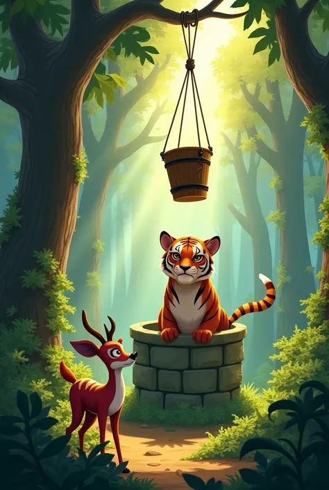 A vibrant scene in a dense, lush forest. In the foreground, a clever-looking Kancil (little deer) with a sly smile stands beside a tall, ancient stone well. He is depicted mid-action, holding a rope tied to a wooden bucket thats dangling over the well. Bel...