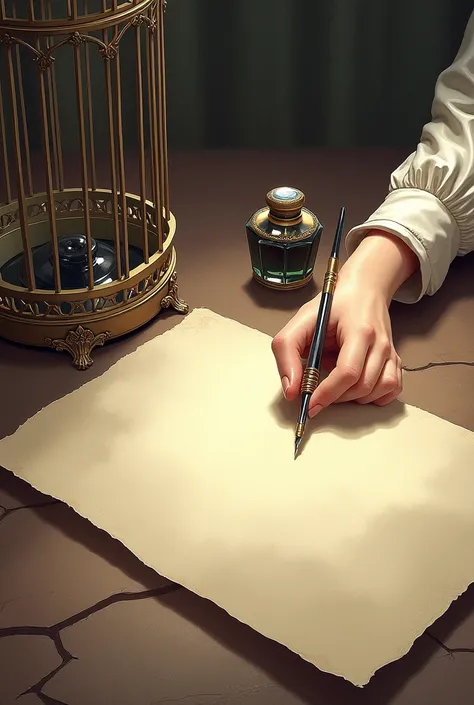 Please draw me a sheet of paper in a cage., what&#39;s on the table. There will be an inkwell next to the sheet of paper.. A human hand is visible on the leaf., who writes something with an ink pen.
Hands should be feminine. Keep in mind, that there should...