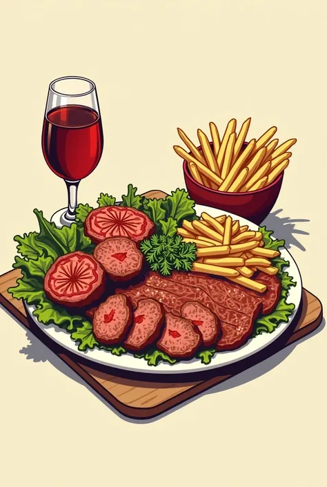 Logo dun plat avec merguez, escalopes de poulet, viande, salades et frites, style dinner années 70, sans inscriptions.