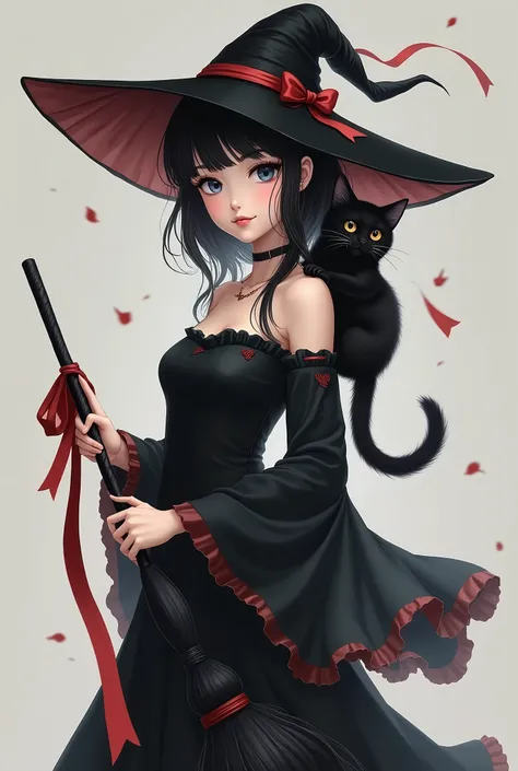 Pure girl、Beautiful Japanese girl、Black Hair、Beautiful small face with short eyelashes、Boyish eyes、High nose、Deep blue eyes、Very thin upper lip、Milky skin、Accurate and attractive body shape、Red ribbon、Magic Broom、Black dress、live-action、Real、Beautiful Witc...