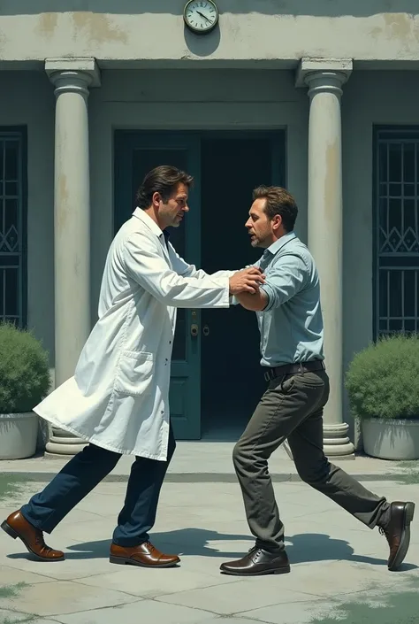 A doctor is talking to a male mental patient in front of a mental hospital, there is a dry pool in front of them. The doctor is pushing the mental patient. Here all the characters will be male.