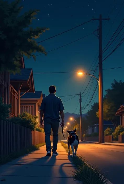 A man in casual clothing is walking his dog along a quiet street at night. Street lights cast a warm glow along the sidewalk, creating soft shadows. The sky is dark, with a few stars visible. The surroundings are calm and peaceful, with a few trees and hou...