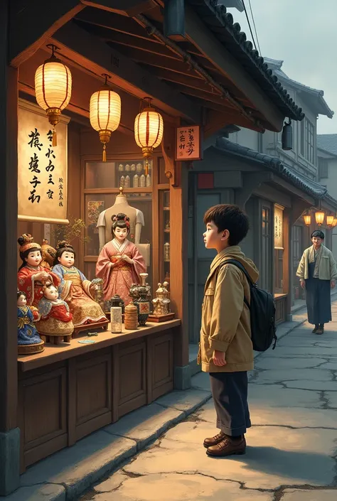 Show a boy buying a traditional Japanese doll in a store in Sapporo in 1918