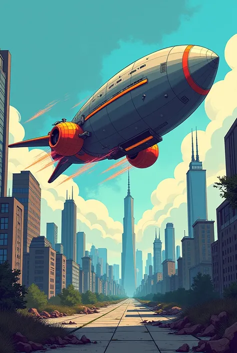 2000s inspired animated drawing of a simple airship with large speakers like those used at large music events below Flying over an abandoned modern city spreading music throughout the city

