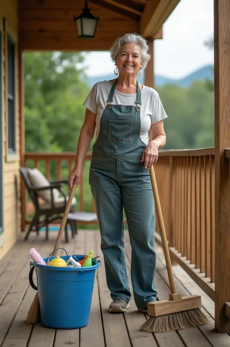 make a picture of a woman with a house deck next to her there should be a house cleaning bucket and a broom