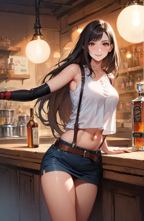 (Realistic: 1.4), highest quality, Very delicate and beautiful, High resolution, One girl, Tifa_Lockhart, smile, Cowboy Shot, suspenders, Low rise, mini skirt, Tank top, nervous shirt, Black Hair, Long Hair, Elbow hand pockets, Beautiful and detailed red e...