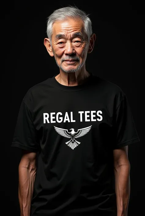 A t-shirt design in black color elder boy wearing t-shirt and regal tees write on it with bird logo