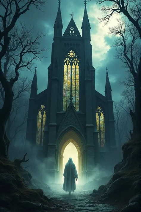 A towering, crumbling cathedral stands in the heart of an ancient, enchanted forest, where twisted, blackened trees seem to reach out like skeletal hands. The sky above is a stormy swirl of dark clouds, pierced by eerie beams of moonlight. At the cathedral...