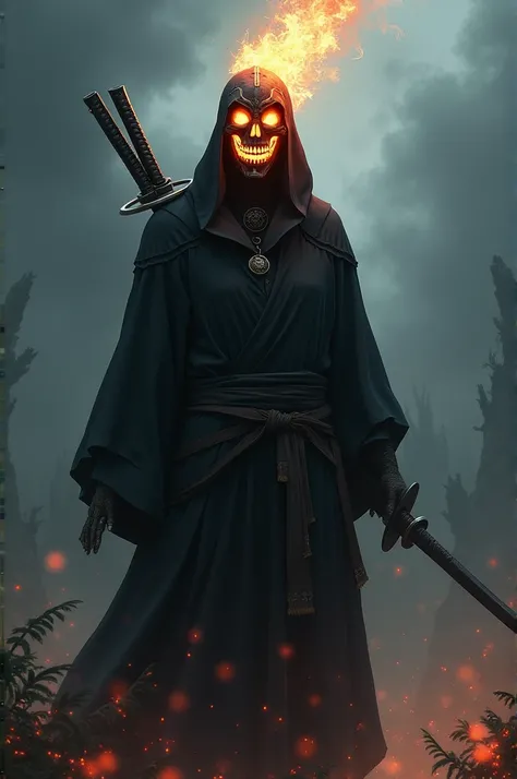 A person with two katanas on his back wearing a skeleton mask with his head on fire 