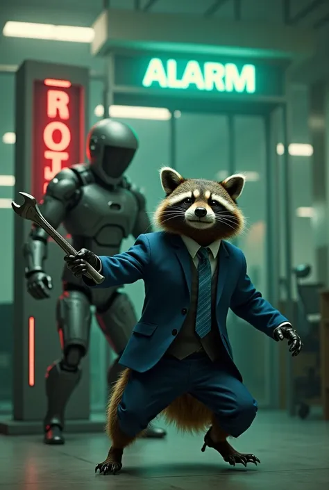  robotic bot stands with a red sign "alarm" from behind, a large, very aggressive raccoon in a classic blue suit and tie jumps at him and swings a wrench. Around the futuristic and chaotic office in the style of the movie Matrix, picture in green tones. hi...