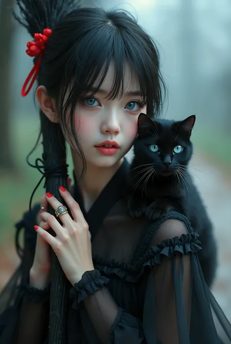 Beautiful Japanese girl、Black Hair、Beautiful small face with short eyelashes、Boyish eyes、High nose、Deep blue eyes、Very thin upper lip、Milky skin、Accurate and attractive body shape、Red ribbon、Magic Broom、Black cat on shoulder、Black dress、live-action、Real、
