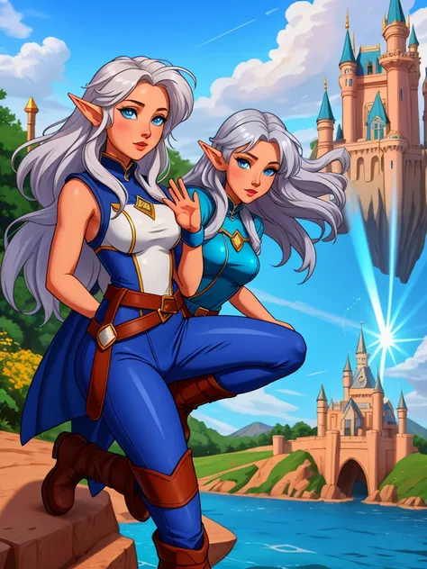 Professor Elowen Mistralight, an elf woman 2, Delicate, medium-height elf with silver hair., mysterious and penetrating light blue eyes, He wears a tunic with drawings of wind and water., sky blue skinny pants, long, with navy blue riding boots, the boots ...