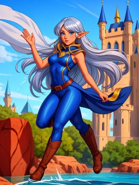 Professor Elowen Mistralight, an elf woman 2, Delicate, medium-height elf with silver hair., mysterious and penetrating light blue eyes, He wears a tunic with drawings of wind and water., sky blue skinny pants, long, with navy blue riding boots, the boots ...