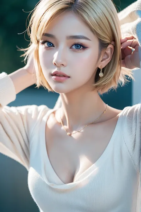 (Highest quality,8k,Highest Resolution,masterpiece),Very detailed,(Realistic:1.40),Young and beautiful woman,K-Pop Idols,Perfect body,(whole body),Complex and detailed face,Beautiful Eyes,Elegant makeup,Blonde mashed straight short hair,Dynamic pose,Dramat...