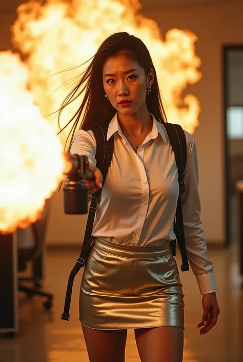 front person view realistic beautiful korean office lady in satin white shirt and silver satin tight short mini skirt facial expression war cry shouting scream standing upright stance legs wide spread open full portrait dual hand holding a very long flame ...