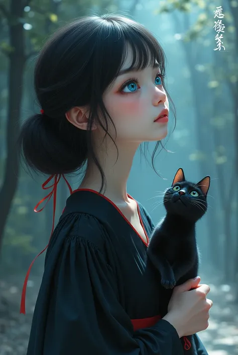 Beautiful Japanese girl、Black Hair、Beautiful small face with short eyelashes、Boyish eyes、High nose、Deep blue eyes、Very thin upper lip、Milky skin、Accurate and attractive body shape、Red ribbon、Magic Broom、Black cat on shoulder、Looking up at the sky、Black dre...